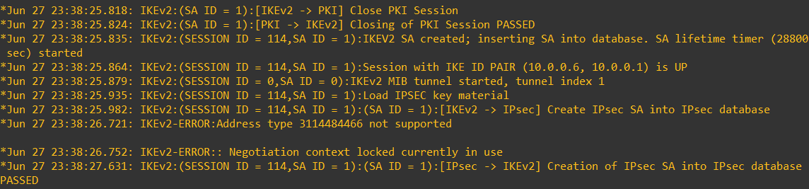 設定修正後に IKE SA と IPsec SA の作成が完了したログ