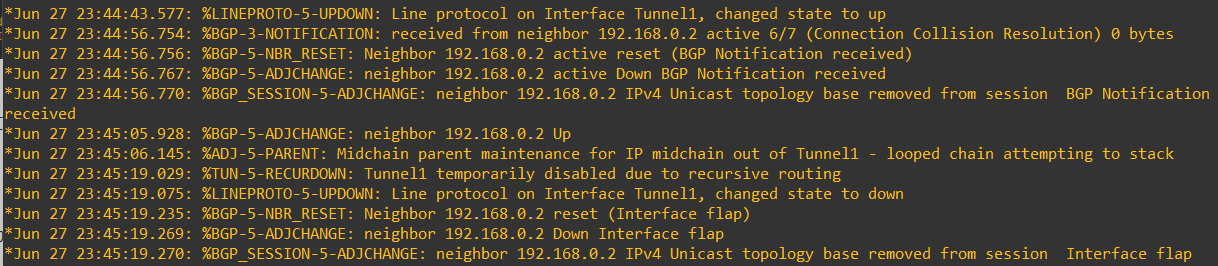 再帰ルーティングによって Tunnel1 と BGP ネイバーが繰り返し down になるログ