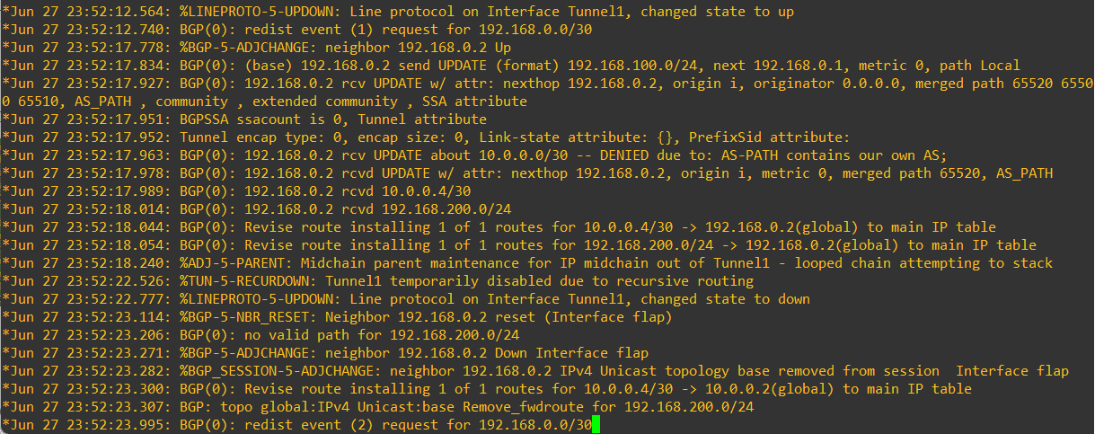 BGP UPDATE で 10.0.0.4/30 と 192.168.200.0/24 を学習するログ