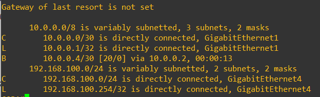 トンネル側 BGP ネイバーの確立前は 10.0.0.4/30 の next hop が 10.0.0.2 となる経路表