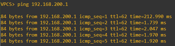VPC1 から 192.168.200.1 への ping が成功する出力